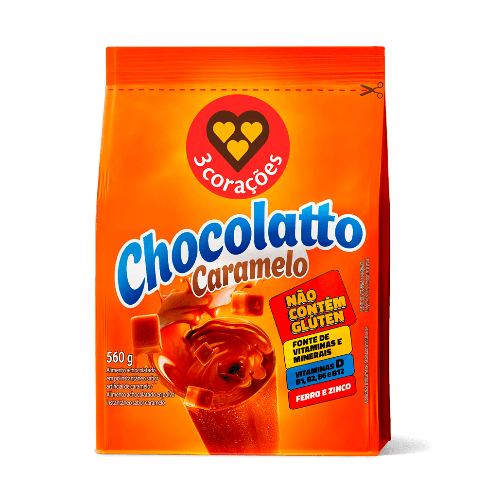 Embalagem do Chocolatto Caramelo 3 Corações, sabor caramelo, 560 g, embalagem laranja.