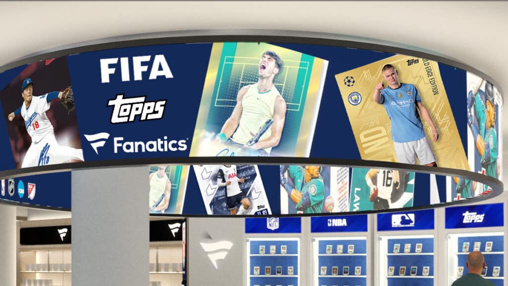 FIFA, Topps e Fanatics em colecionáveis licenciado Imagem de destaque com marca FIFA, Topps e Fanatics em cards e colecionáveis físicos e digitais