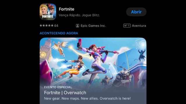 Tela da App Store com o app Fortnite e evento especial Overwatch, com botão Abrir e informações de desenvolvedor.