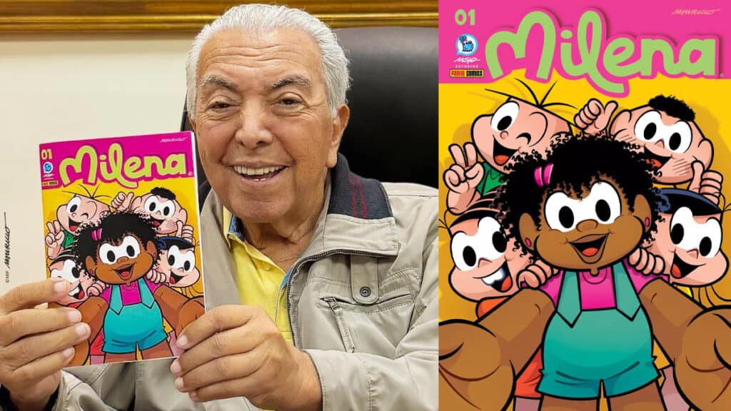 Mauricio de Sousa sorrindo e segurando o gibi solo inédito da Milena, com a capa visível ao lado