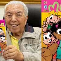 Mauricio de Sousa sorrindo e segurando o gibi solo inédito da Milena, com a capa visível ao lado