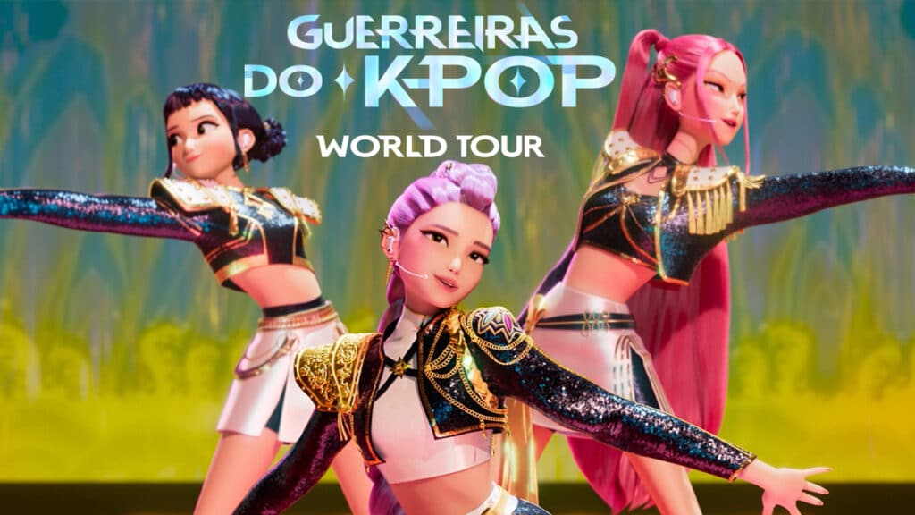 Guerreiras do K-Pop World Tour — turnê mundial da Netflix Ilustração promocional de Guerreiras do K-Pop World Tour com três personagens animadas em palco