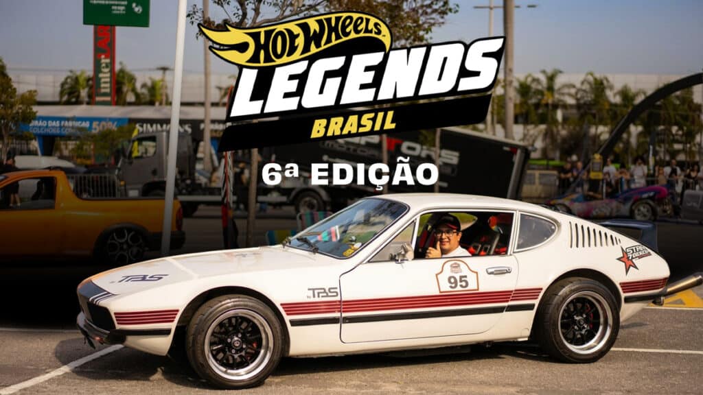 Carro customizado estilo Hot Wheels Legends Brasil em evento, com placa “Hot Wheels Legends Brasil 6ª Edição”.