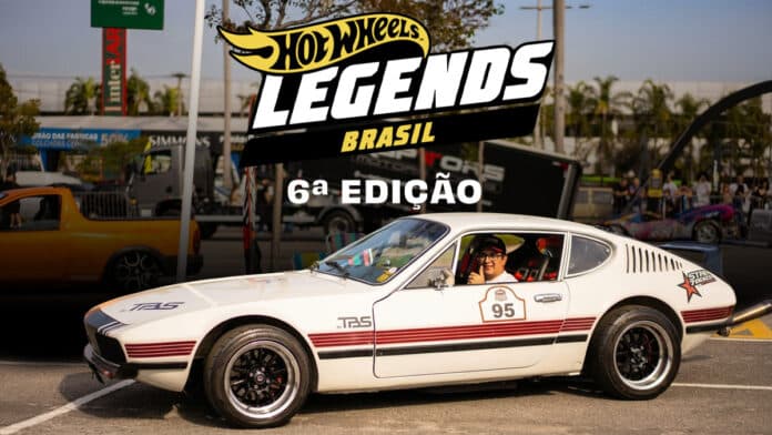 Carro customizado estilo Hot Wheels Legends Brasil em evento, com placa “Hot Wheels Legends Brasil 6ª Edição”.
