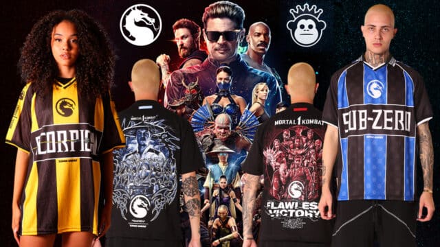 Coleção temática de Mortal Kombat com peças oversized pretas, incluindo jerseys inspiradas em Sub-Zero e Scorpion.