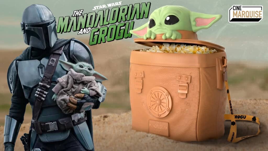 Balde colecionável Grogu e Mandaloriano – Cine Marquise Cine Marquise: balde colecionável de Grogu e O Mandaloriano, com personagem verde ao lado do capacete do Mandaloriano.