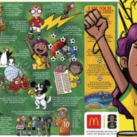 Ilustração promocional do McDonald's com personagens e toalhinhas de bandeja temáticas da Copa do Mundo 2026.