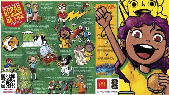 Ilustração promocional do McDonald's com personagens e toalhinhas de bandeja temáticas da Copa do Mundo 2026.