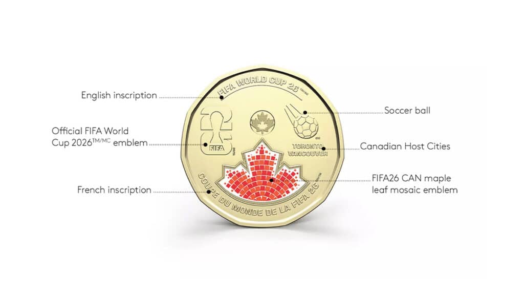 Moeda comemorativa canadense de 1 dólar (Loonie) com design da Copa do Mundo 2026 e mapa do Canadá