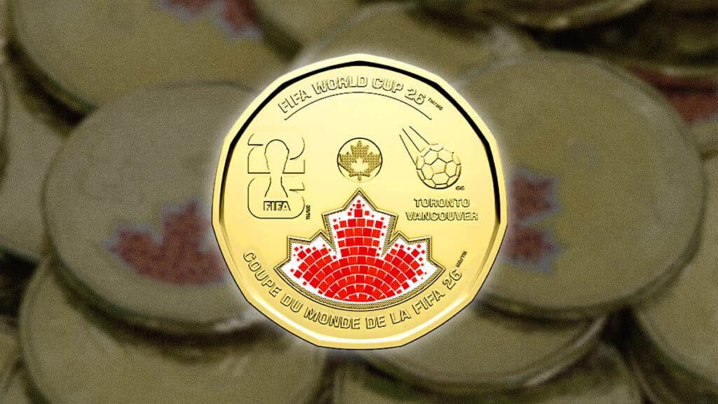Moeda dourada canadense de 1 dólar com design da Copa do Mundo 2026, incluindo emblema e folha de bordo em mosaico