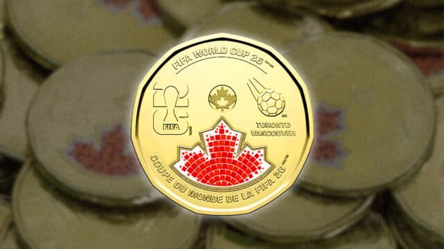 Moeda dourada canadense de 1 dólar com design da Copa do Mundo 2026, incluindo emblema e folha de bordo em mosaico