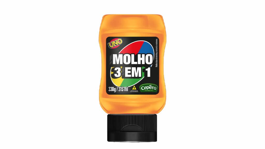 Embalagem do molho 3 em 1 UNO da Cepêra, com rótulo laranja e preto.