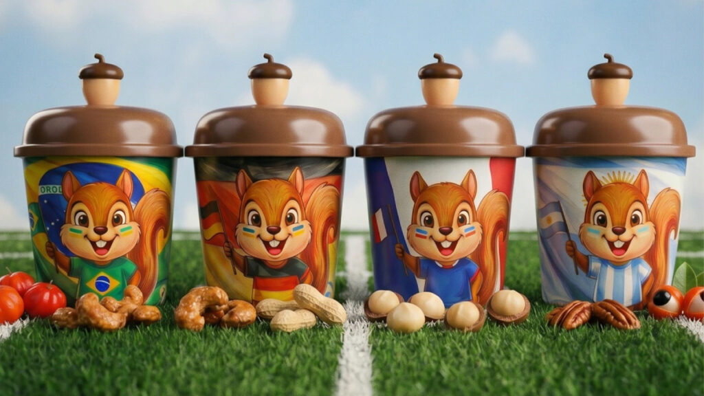 Embalagens Nutty Bavarian com mascote de esquilo em formato de torcedor, ao lado de gramado e confetes.