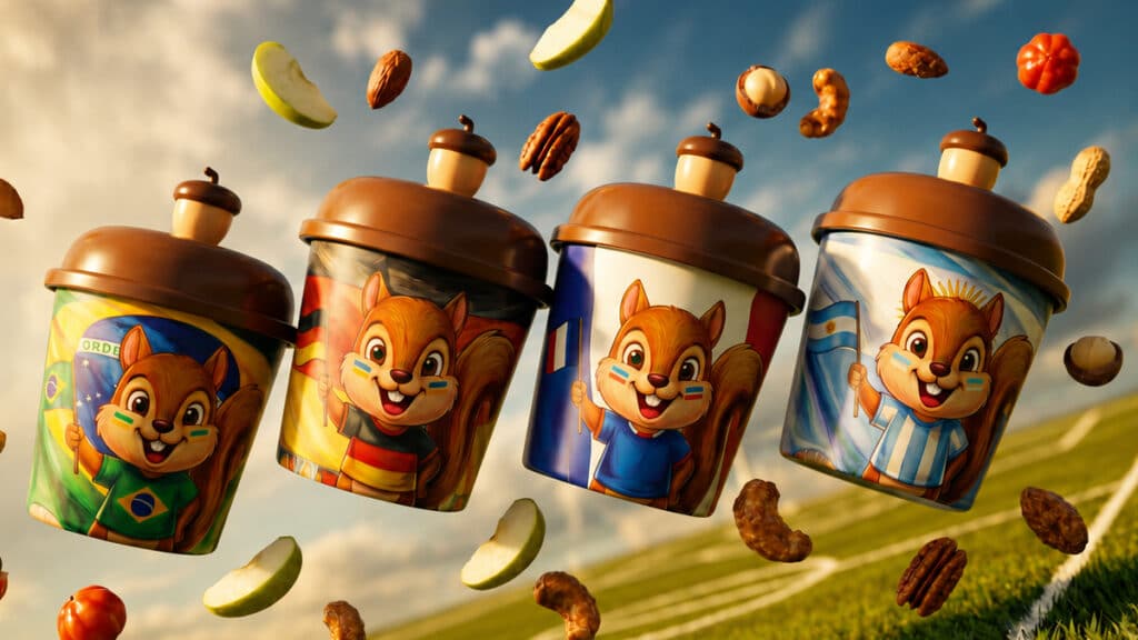 Copos Nutty Bavarian Copa do Mundo com personagens do esquilo Copos Nutty Bavarian com ilustrações de esquilo, em cenário de Copa do Mundo, com frutas e folhas ao redor.