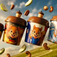 Copos Nutty Bavarian com ilustrações de esquilo, em cenário de Copa do Mundo, com frutas e folhas ao redor.