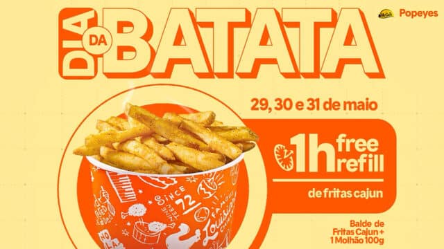Banner do Popeyes no Dia da Batata com fritas cajun, free refill por 1 hora e datas 29, 30 e 31 de maio.