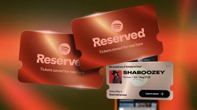 Cartões digitais “Reserved” do Spotify, com mensagem de ingressos reservados e acesso antecipado para fãs.