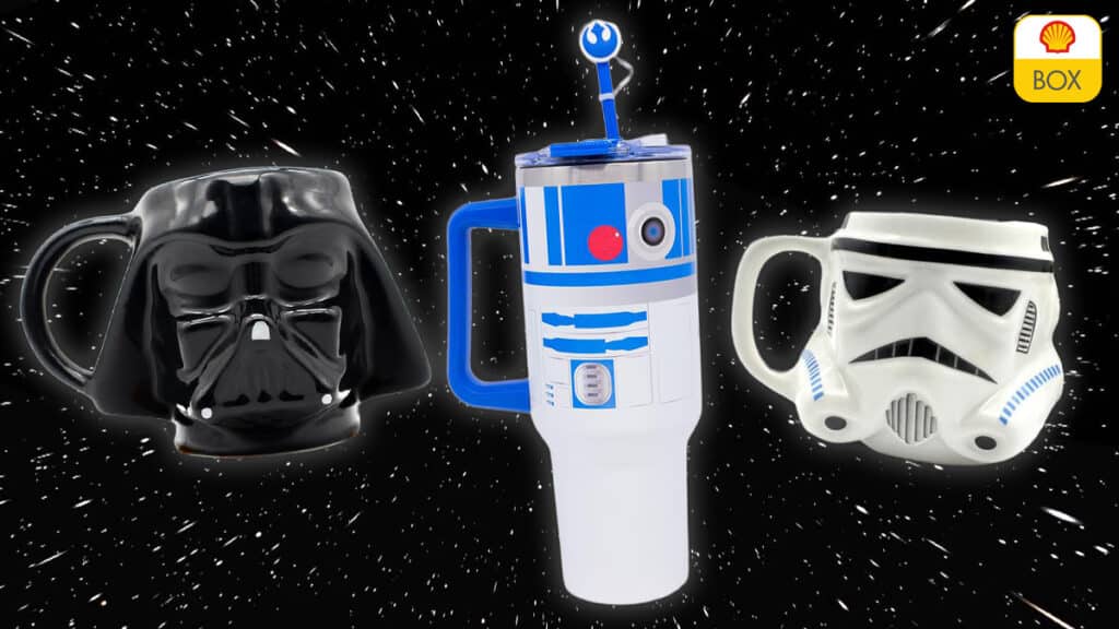 Shell Box Clube: caneca térmica Star Wars com R2-D2 Ilustração de caneca térmica em formato de robô R2-D2 e personagens Star Wars com Darth Vader ao fundo