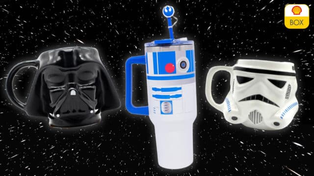 Ilustração de caneca térmica em formato de robô R2-D2 e personagens Star Wars com Darth Vader ao fundo