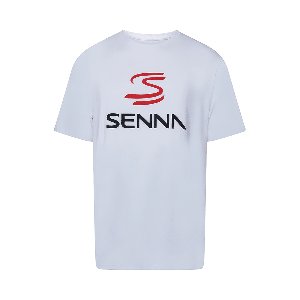 Camiseta branca com logo Senna e símbolo vermelho e preto no centro