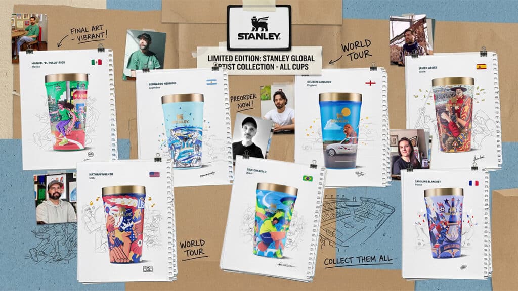 Cartelas com copos térmicos Stanley “World Tour” e “Limited Edition”, com ilustrações temáticas para a Copa do Mundo 2026.