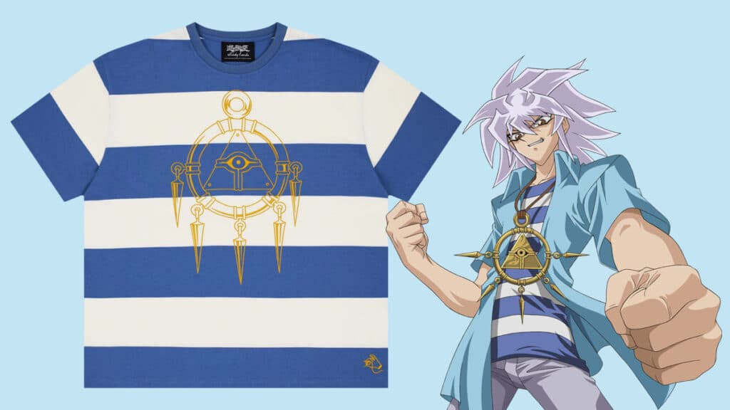Camiseta da Steady Hands em collab com Yu-Gi-Oh! com listras e desenho do personagem Bakura.