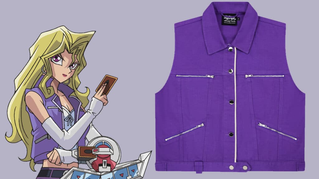 Colete roxo em estúdio com ilustração de personagem de Yu-Gi-Oh ao lado, da collab Steady Hands.