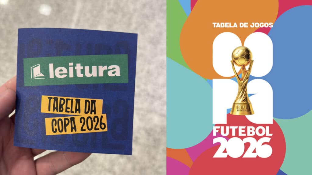 Cartão da Livraria Leitura com a Tabela da Copa 2026, tema de futebol com troféu e “Tabela de jogos”.