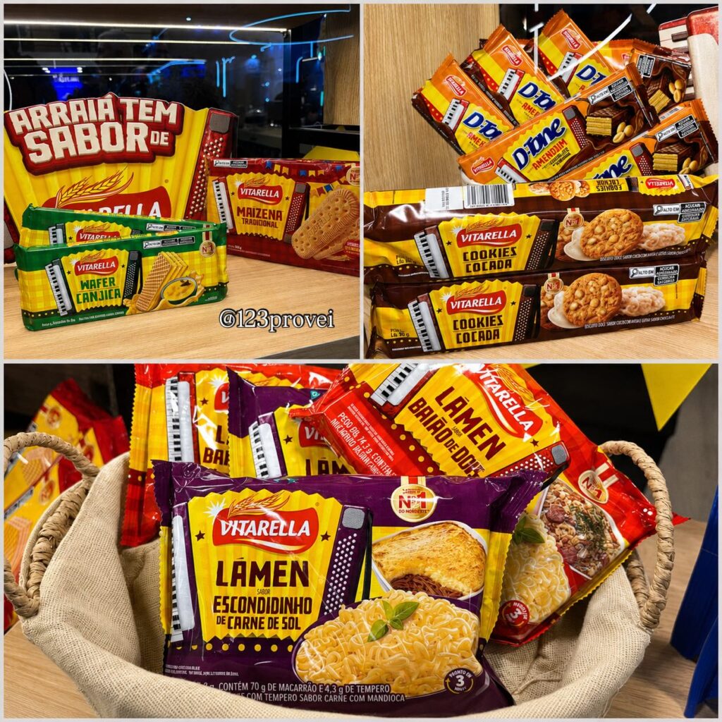 Embalagens de produtos Vitarella para Festa Junina, incluindo Lamen de Escondidinho, em uma banca.