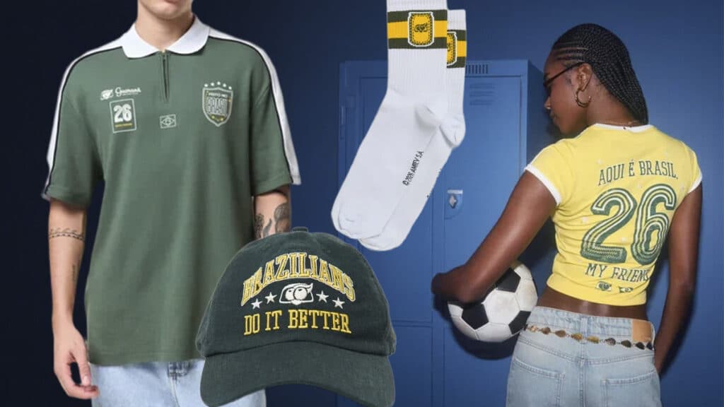 Coleção Guaraná Antarctica e YouCom para a Copa do Mundo FIFA 2026 com camiseta verde, boné e meia em estilo esportivo