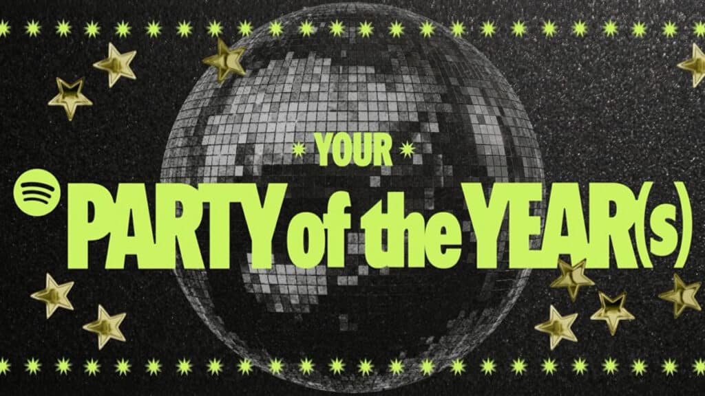 Capa promocional do Spotify “Your Party of the Year(s)” com ícone e disco de glitter, celebrando os 20 anos
