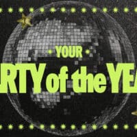 Capa promocional do Spotify “Your Party of the Year(s)” com ícone e disco de glitter, celebrando os 20 anos