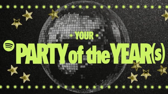 Capa promocional do Spotify “Your Party of the Year(s)” com ícone e disco de glitter, celebrando os 20 anos