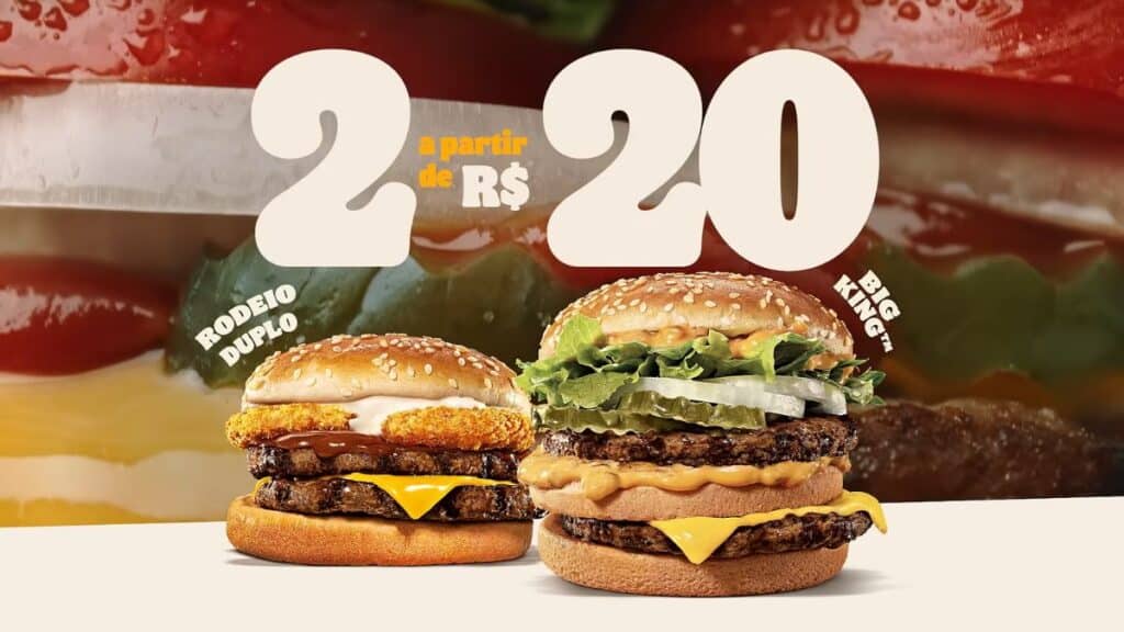 King em Dobro: Burger King 2 sanduíches por R$ 20 Promoção do Burger King com dois sanduíches em destaque por R$ 20, com ingredientes e hambúrgueres na imagem.