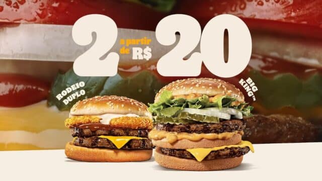 Promoção do Burger King com dois sanduíches em destaque por R$ 20, com ingredientes e hambúrgueres na imagem.
