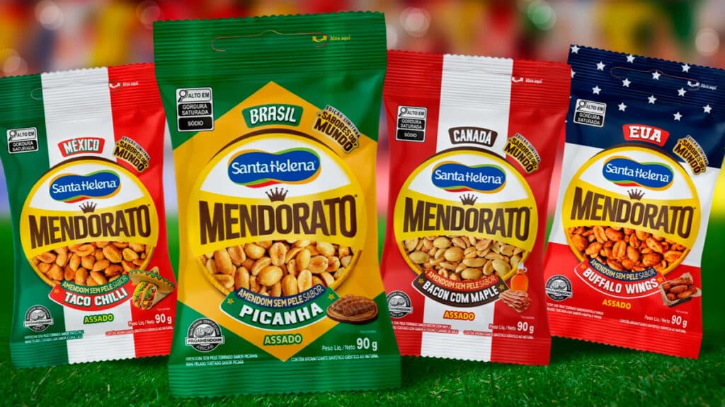Embalagens Mendorato em edição limitada com sabores da Copa do Mundo 2026: Picanha, Taco Chilli, Bacon com Maple e Buffalo Wings.
