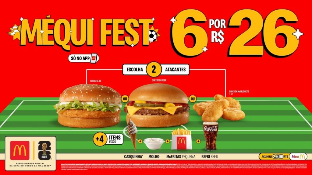 Méqui Fest 2026: 6 itens por R$ 26 Banner do Méqui Fest 2026 do McDonald’s com a oferta de 6 itens por R$ 26, opções no app e imagem de lanches e bebida.