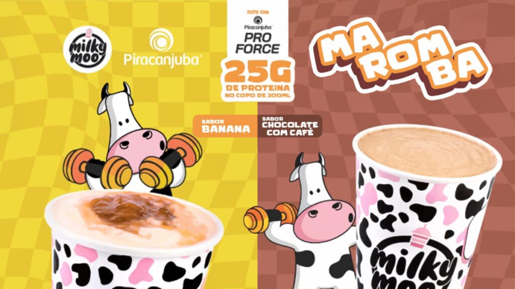 Divulgação de milkshakes proteicos Milky Moo com Piracanjuba: sabores Banana e Chocolate com Café, linha Pro Force 25g de proteína.