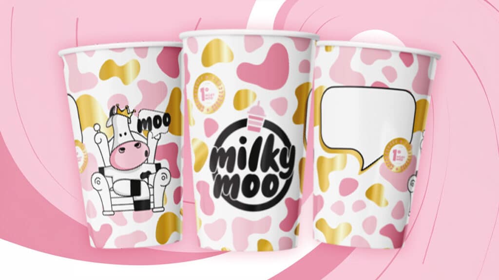 Copo exclusivo Milky Moo milkymoo Copo exclusivo da Milky Moo com estampa de vacas e logo milkymoo, em fundo rosa