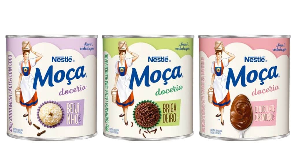 Latas da linha Moça Doceria da Nestlé com sabores beijinho, briga de beijinho e chocolate — imagem promocional