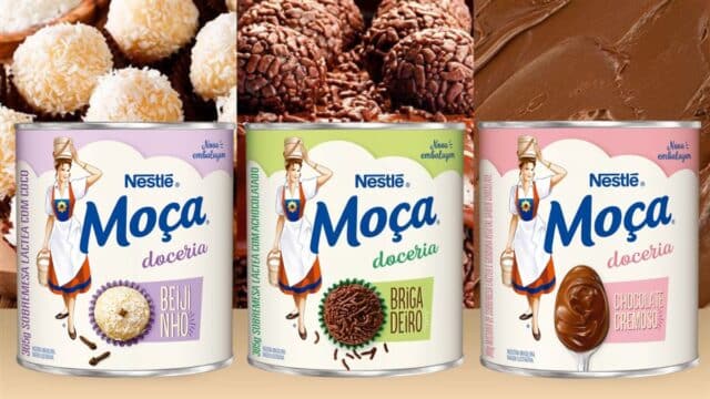 Embalagens da linha Nestlé Moça Doceria com sabores beijinho, brigadeiro e chocolate cremoso.