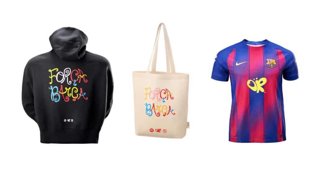 Produtos de colaboração: jaqueta e camiseta do Barcelona e uma bolsa com o tema Olivia Rodrigo em estilo gráfico