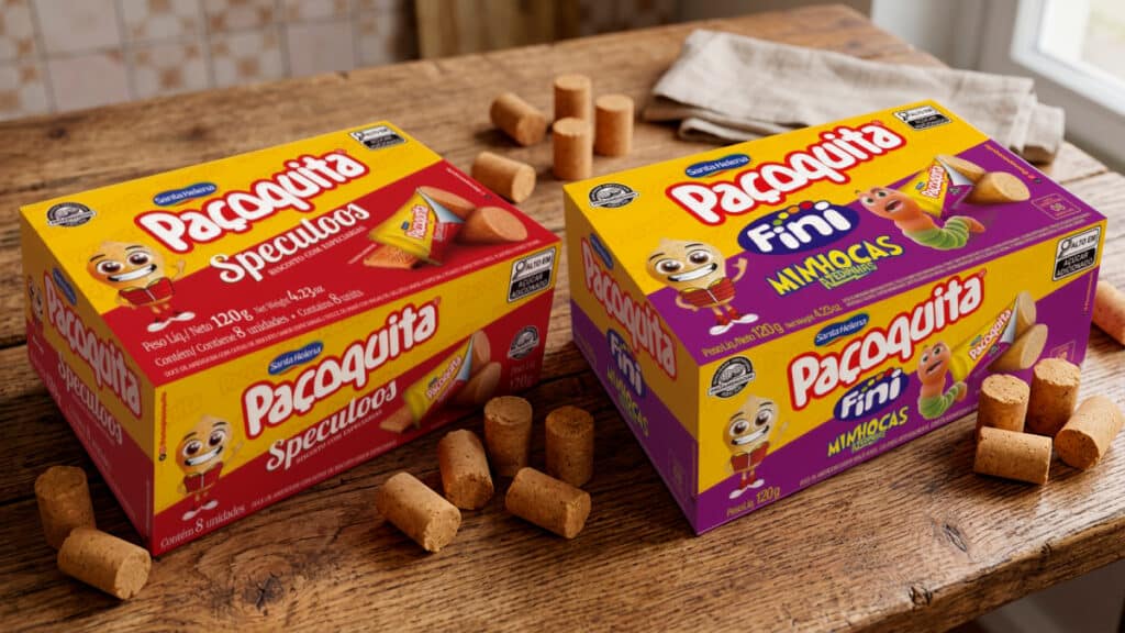 Paçoquita Speculoos e Fini Minhocas Caixas de Paçoquita nas versões Speculoos e Fini Minhocas sobre uma tábua de madeira, com pedaços de paçoca ao redor.