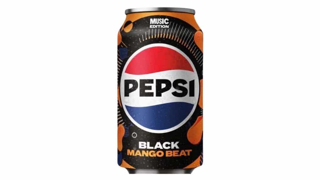Lata da Pepsi Black Mango Beat, edição Music Edition, com design preto e laranja e o sabor Mango Beat