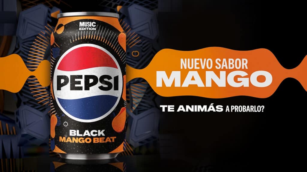 Pepsi Black Mango Beat: novo sabor Mango Lata da Pepsi Black Mango Beat com destaque para novo sabor Mango e texto promocional em fundo com tema musical.