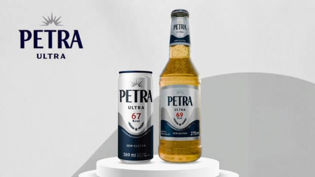Petra Ultra, cerveja low carb sem glúten: lata e garrafa com rótulo 67 kcal e 4% alc. 275 ml.