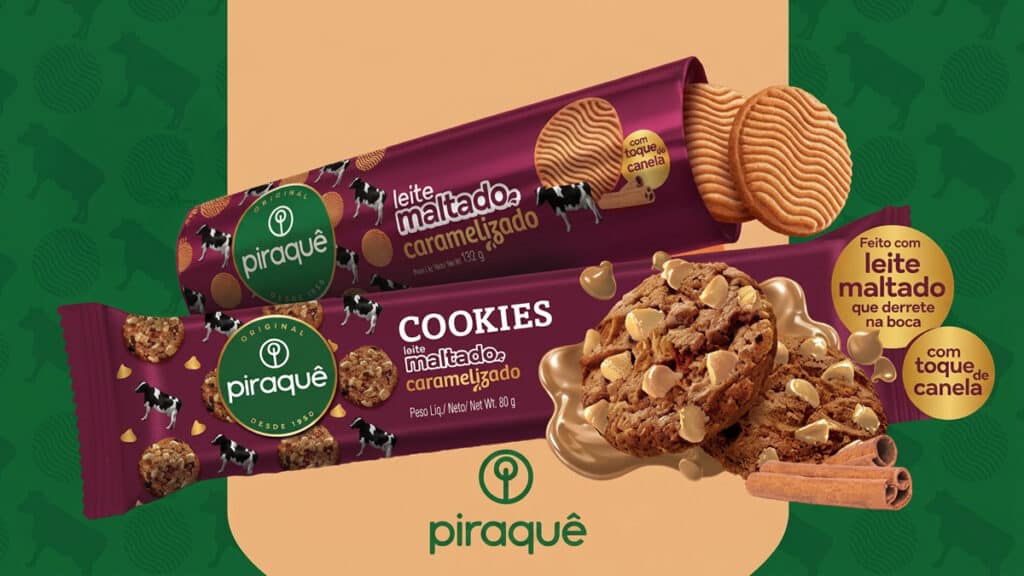 Piraquê cookies leite maltado caramelizado com toque de canela Embalagem e biscoitos Piraquê com sabor leite maltado caramelizado e toque de canela, em divulgação de novidades no APAS Show.
