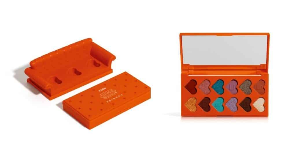 Kit de maquiagem com estojo laranja e paleta de sombras com várias cores, inspirado em Friends.