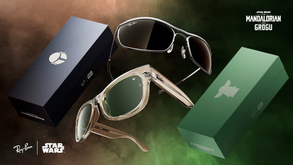 Óculos Ray-Ban inspirados em Star Wars, com armações verde e prata sobre caixas Mandalorian e Grogu