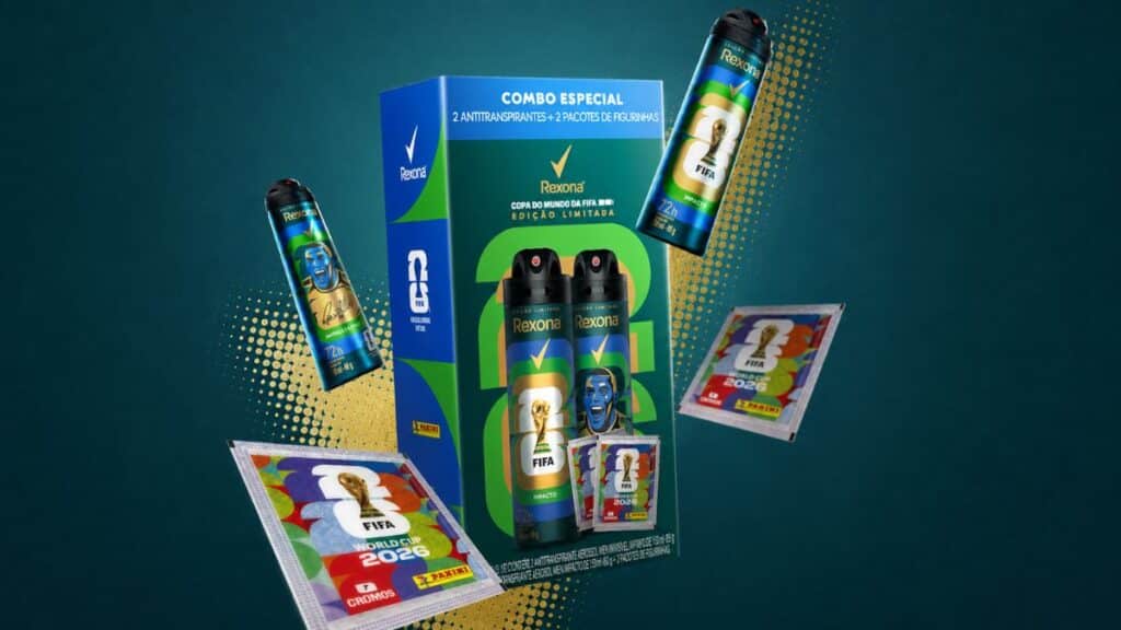 Combo especial da Rexona com Panini para a Copa do Mundo FIFA 2026, com desodorantes e figurinhas